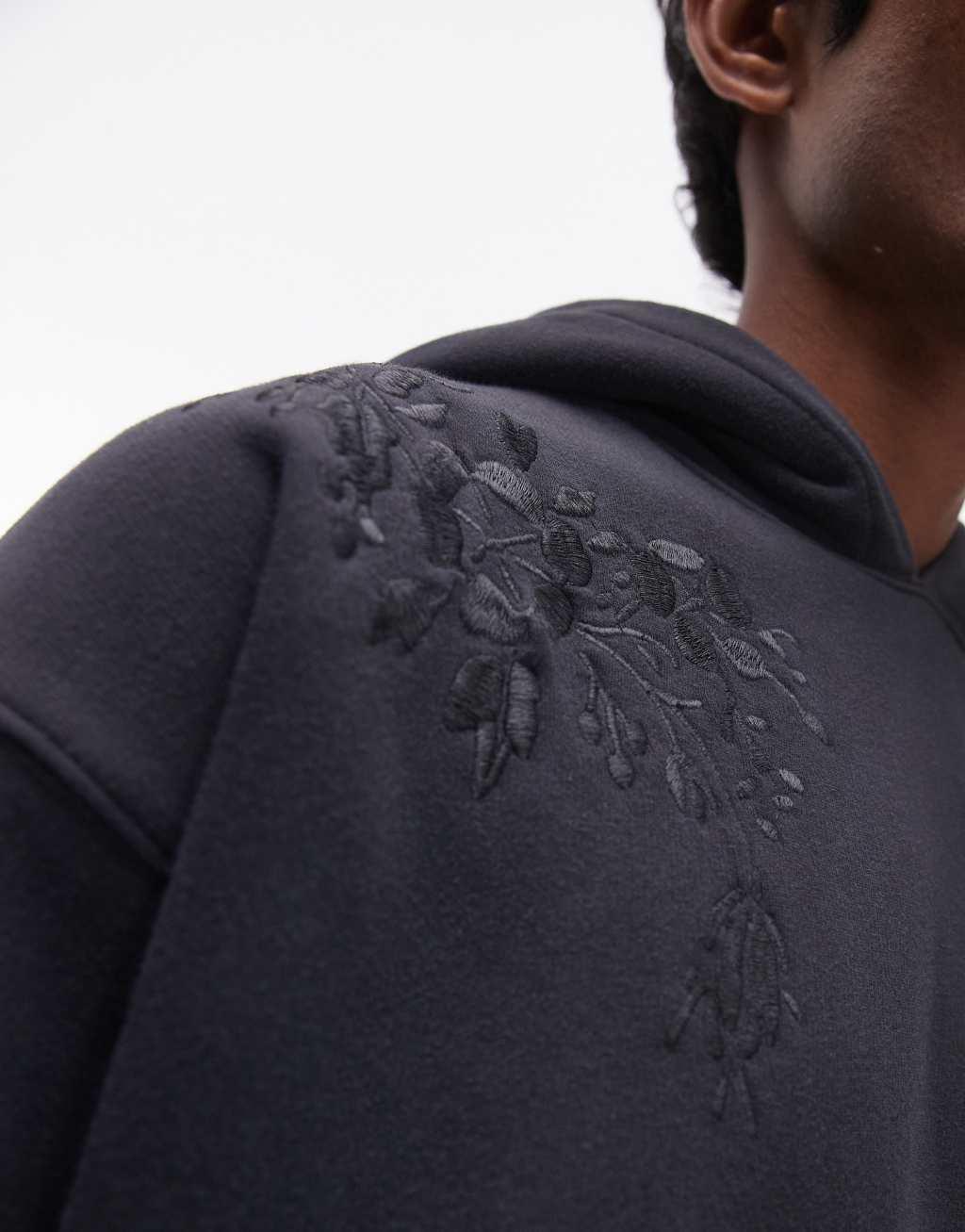 Topman oversized fit hoodie with floral embroidery in washed black Product Image