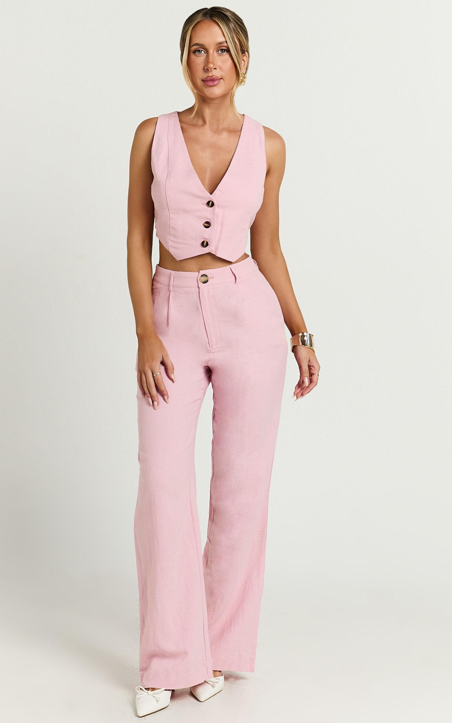 Bree Top - Linen Look V Neck Button Up Cropped Vest in Light Pink Product Image