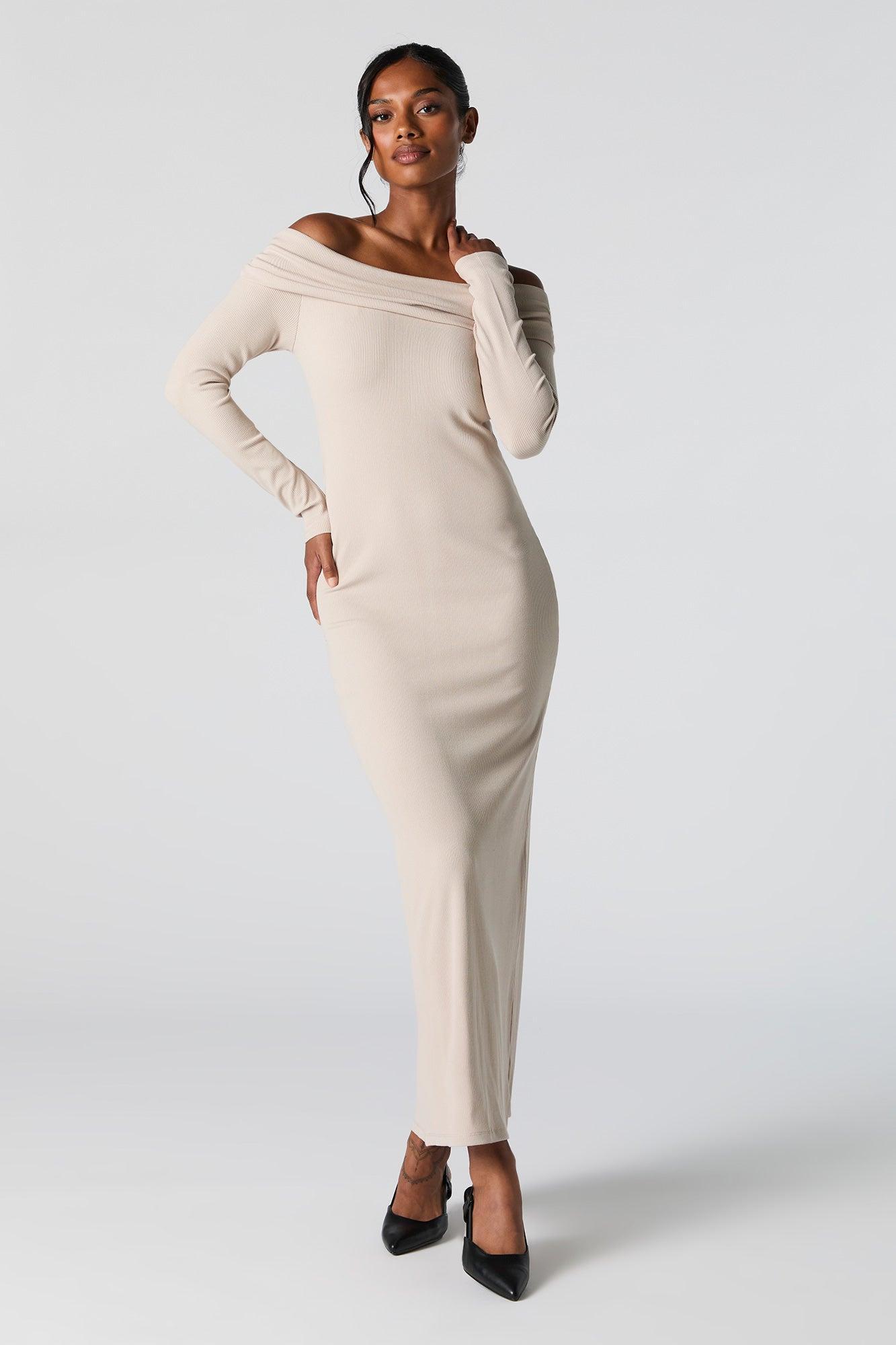 Ribbed Off Shoulder Long Sleeve Maxi Dress Female Product Image