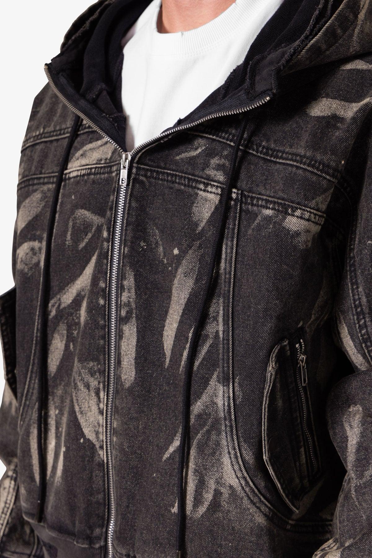 Double Denim Hooded Bomber Jacket - Black Product Image