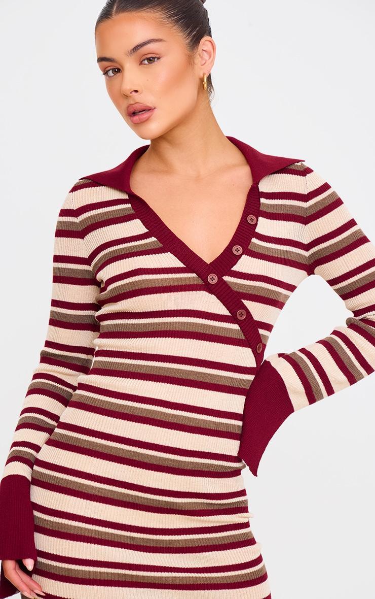 Burgundy Rib Knit Stripe Asymmetric Button Mini Dress Product Image