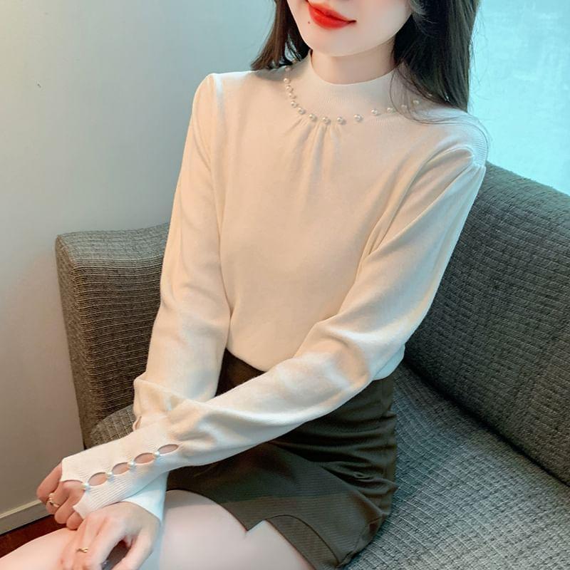 Mock Neck Plain Faux Pearl Detail Sweater Product Image