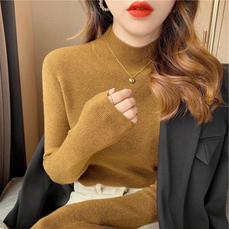 Long-Sleeve Mock Neck Plain Knit Top Product Image