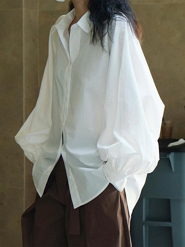 Casual Loose Puff Sleeves Solid Color Lapel Blouses Product Image