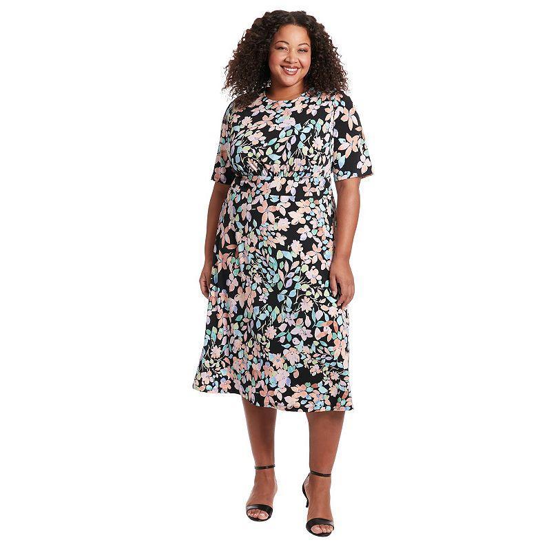 Plus Size London Times Floral Print Elbow Sleeve Inset Waist Midi Dress, Womens Product Image