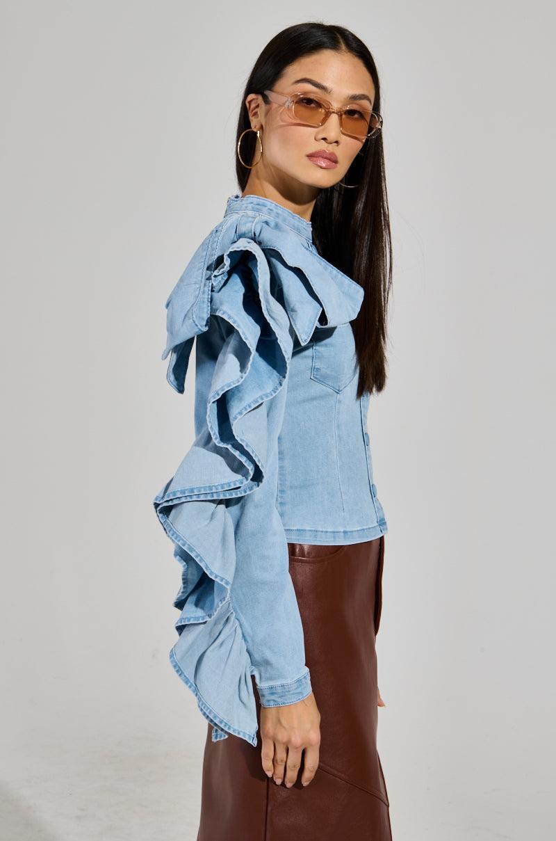 SEIZE THE DAY LONG SLEEVE FLOUNCE DENIM TOP Product Image