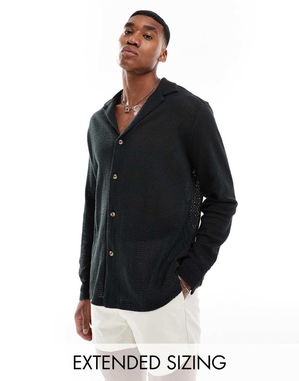 ASOS DESIGN relaxed deep revere collar textured shirt in black Product Image