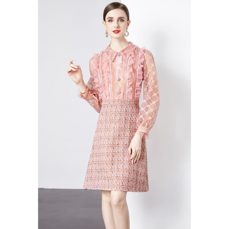 Long-Sleeve Houndstooth A-Line Dress Product Image