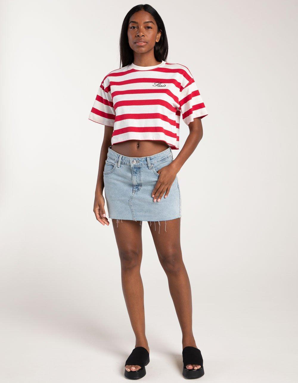 FULL TILT Stripe Paris Embroidered Womens Crop Tee Product Image