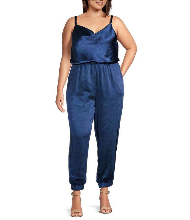 Skies Are Blue Plus Size Woven Satin Cowl Neck Sleeveless Elastic Waist Side Pocket Wide Leg Jumpsuit Product Image