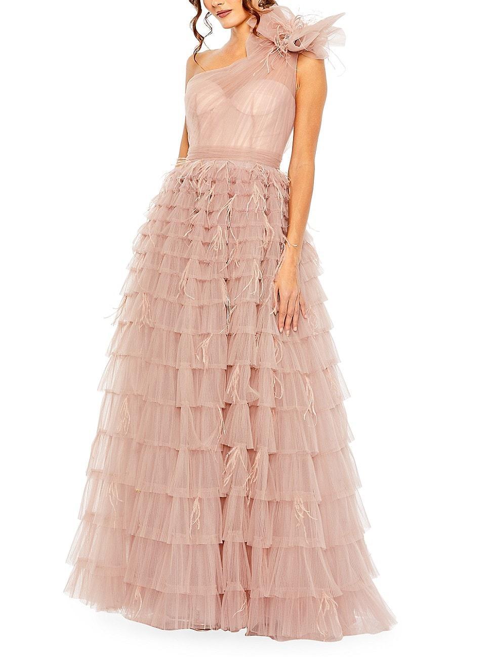 Womens One-Shoulder Feathered Tulle Gown Product Image