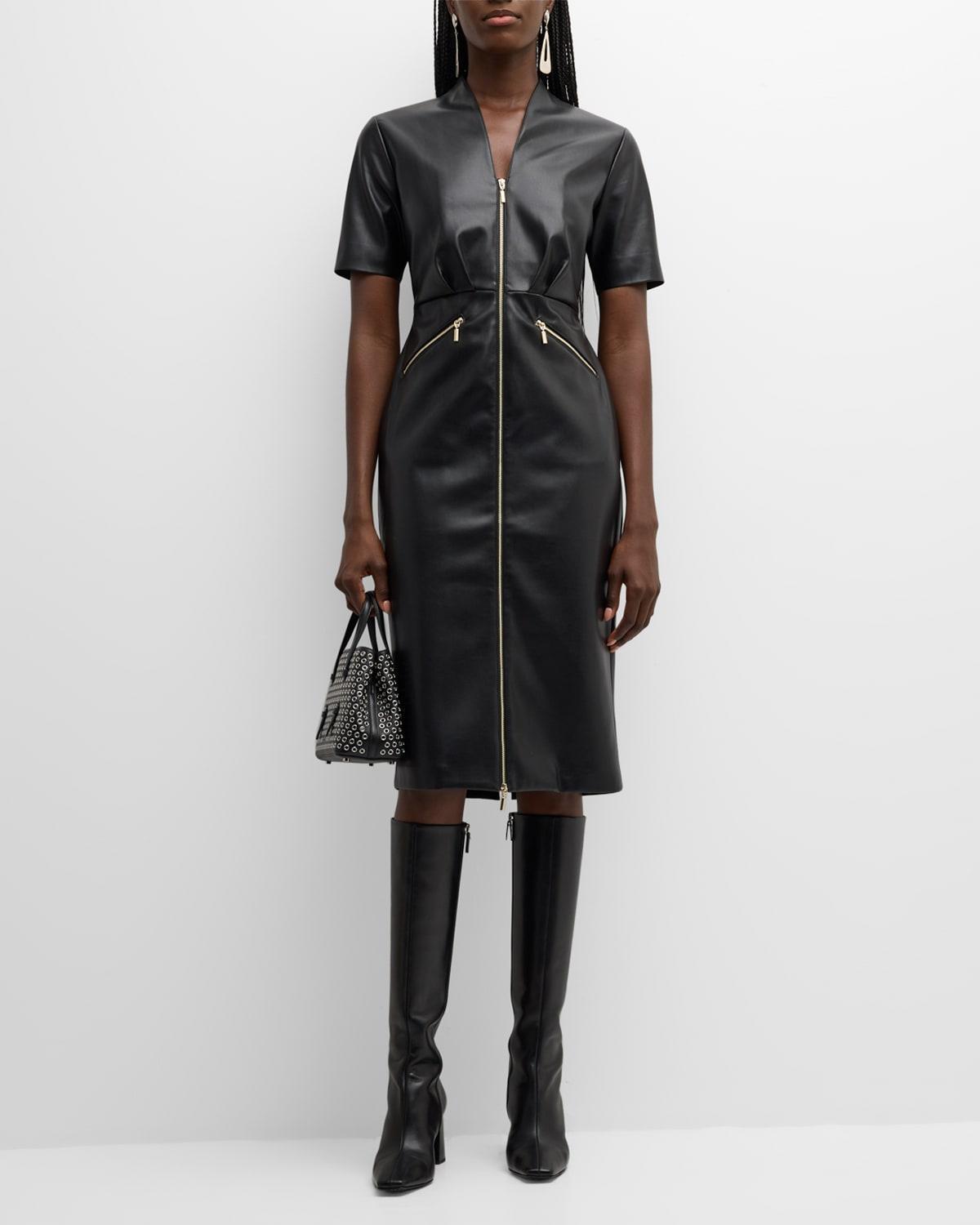 The Adair Pleated Faux Leather Midi Dress Product Image