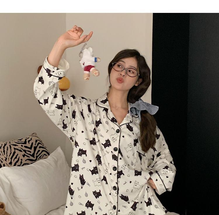 Pajama Set: Cat Print Shirt + Pants Product Image