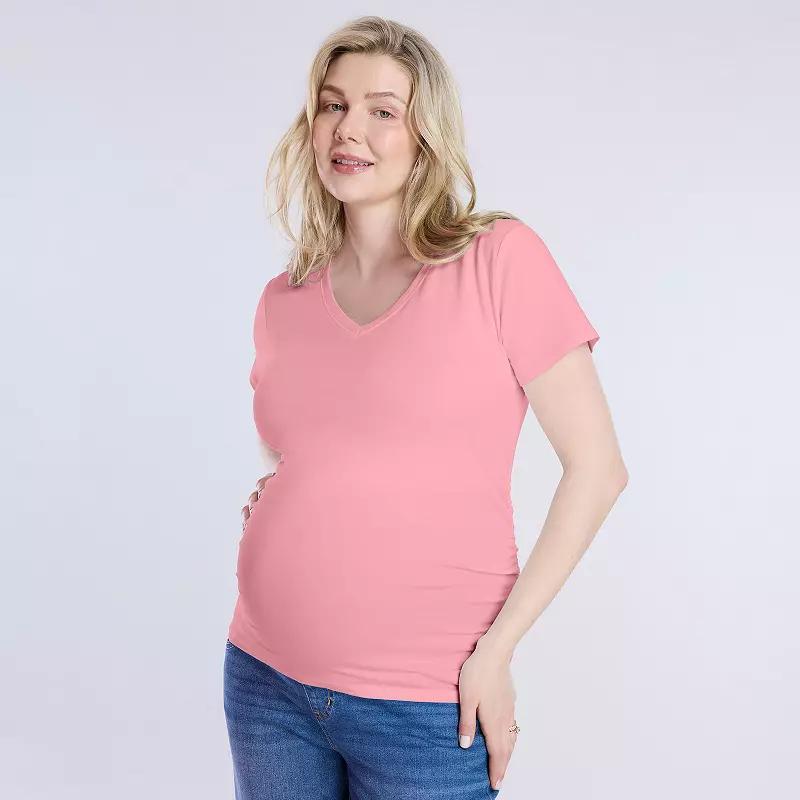 Maternity Motherhood Side Ruched V-Neck Tee, Womens Dusty Pink Product Image