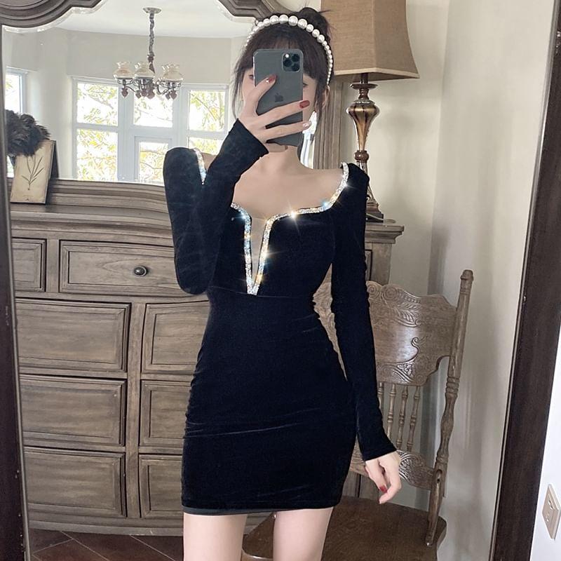 Long-Sleeve Rhinestone Velvet Mini Sheath Dress Product Image