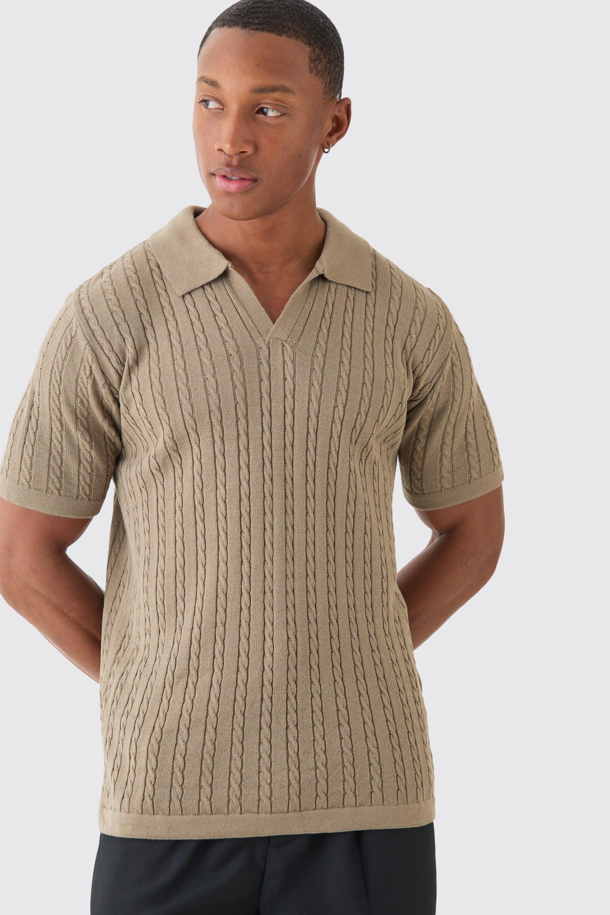 Regular Revere Collar Cable Knit Polo | boohooMAN USA Product Image