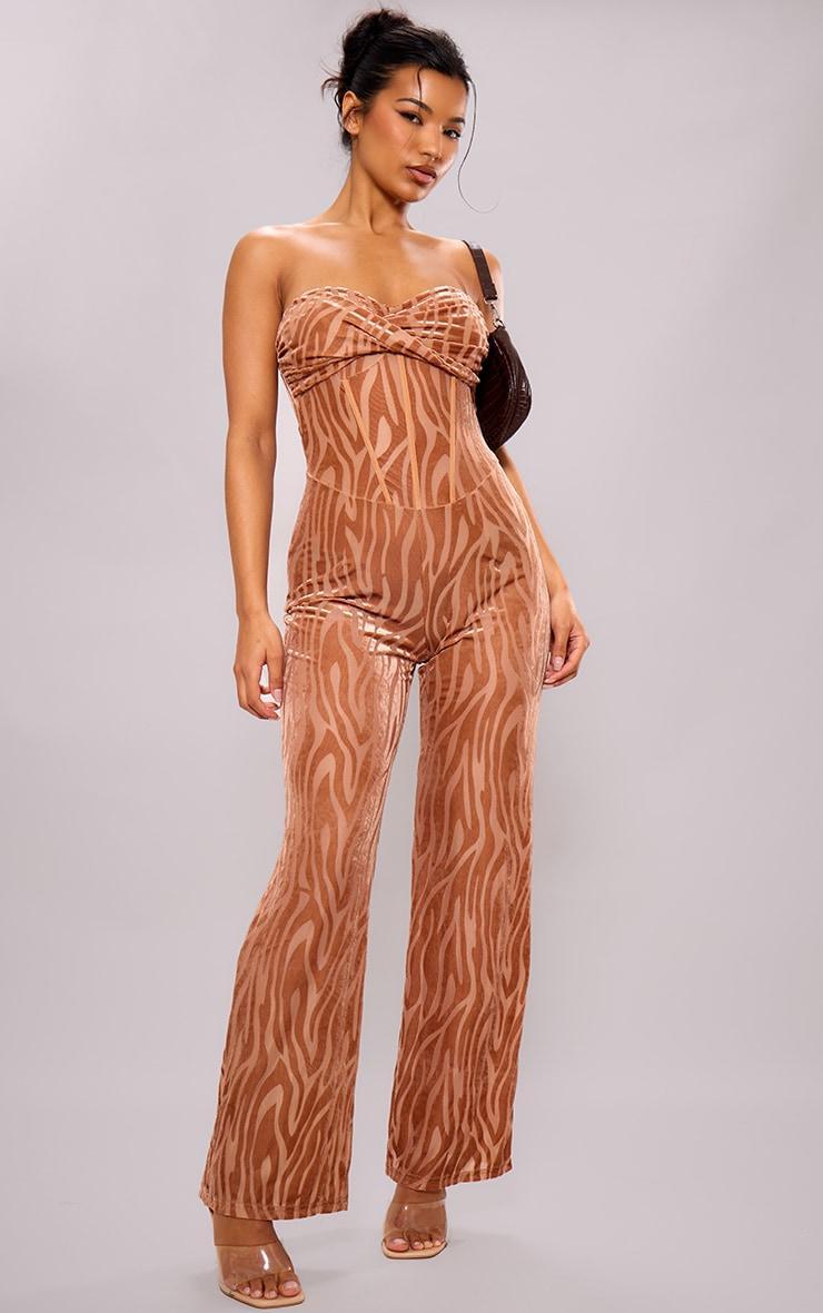 Chocolate Devore Bandeau Corset Wide Leg Jumpsuit Product Image