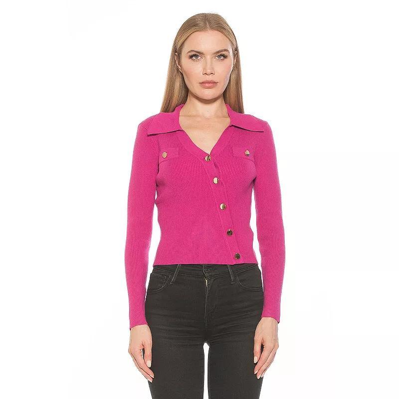 Womens ALEXIA ADMOR Sam Ribbed Knit Asymmetric Button Down Long Sleeve Top Pink Product Image