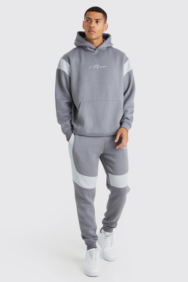 Mens Grey Oversized Man Colour Block Hooded Tracksuit, Grey Product Image