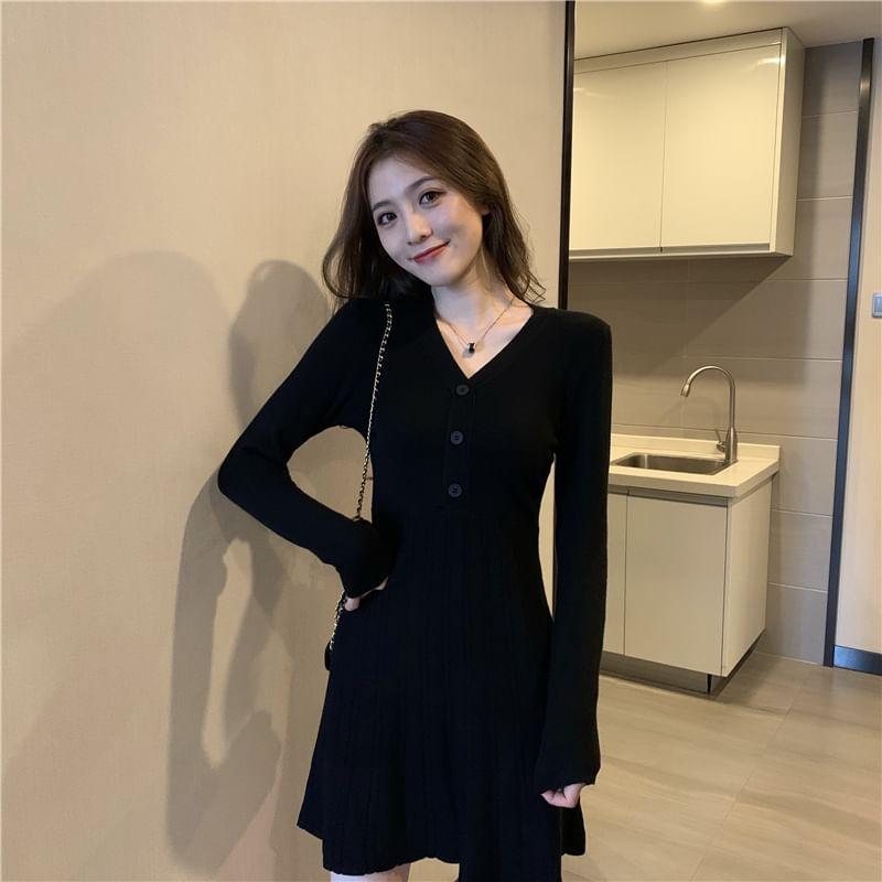 Long Sleeve V-Neck Plain Button Knit Mini A-Line Dress Product Image