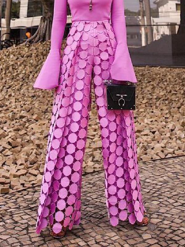 High Waisted Wide Leg Hollow Polka Dot Solid Color Pants Trousers Product Image