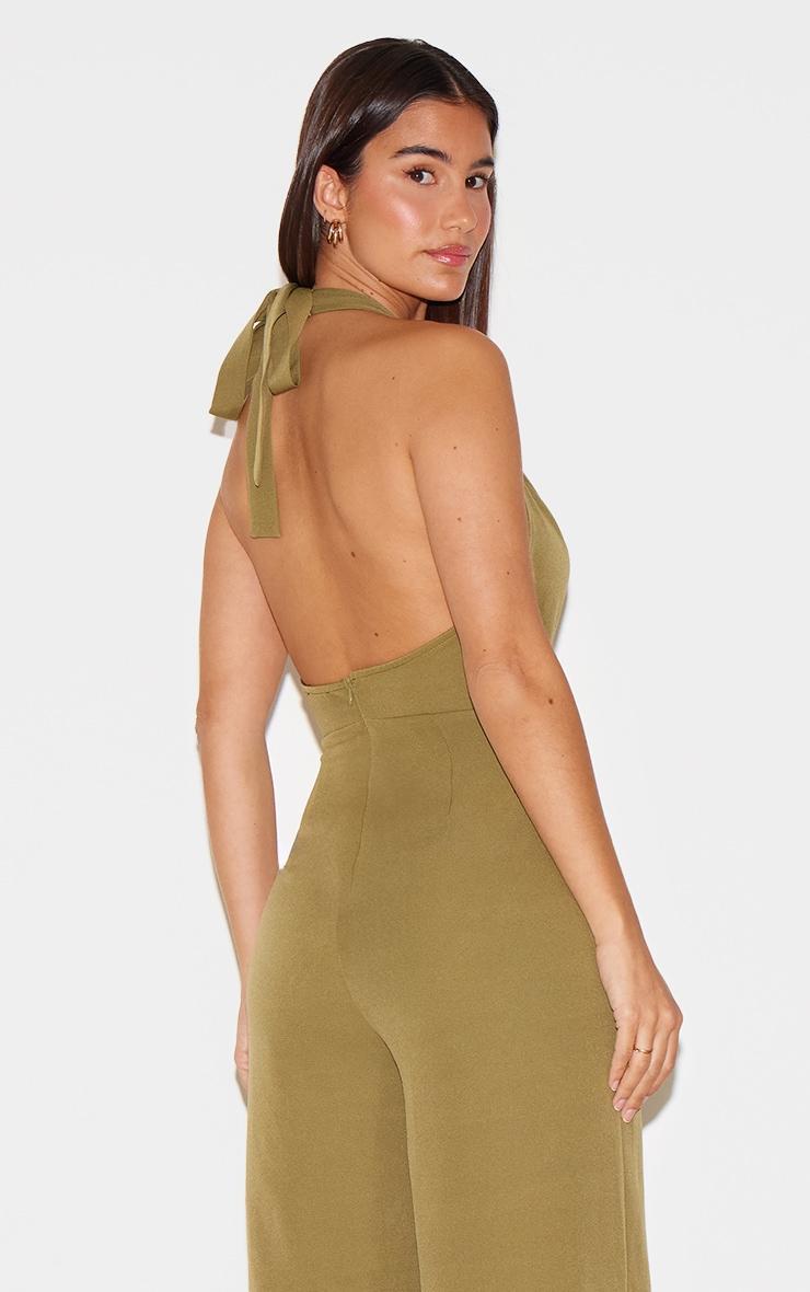 Khaki Woven Halter Neck Hook And Eye Detail Wide Leg Jumpsuit Product Image