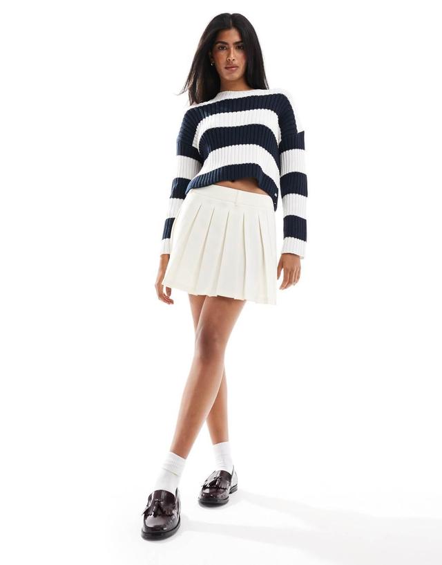 Pull&Bear cropped ribbed knit sweater in navy stripe Product Image