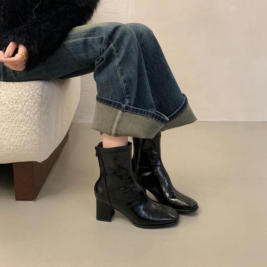 Chunky Heel Square Toe Plain Zip-Up Faux Leather Short Boots Product Image