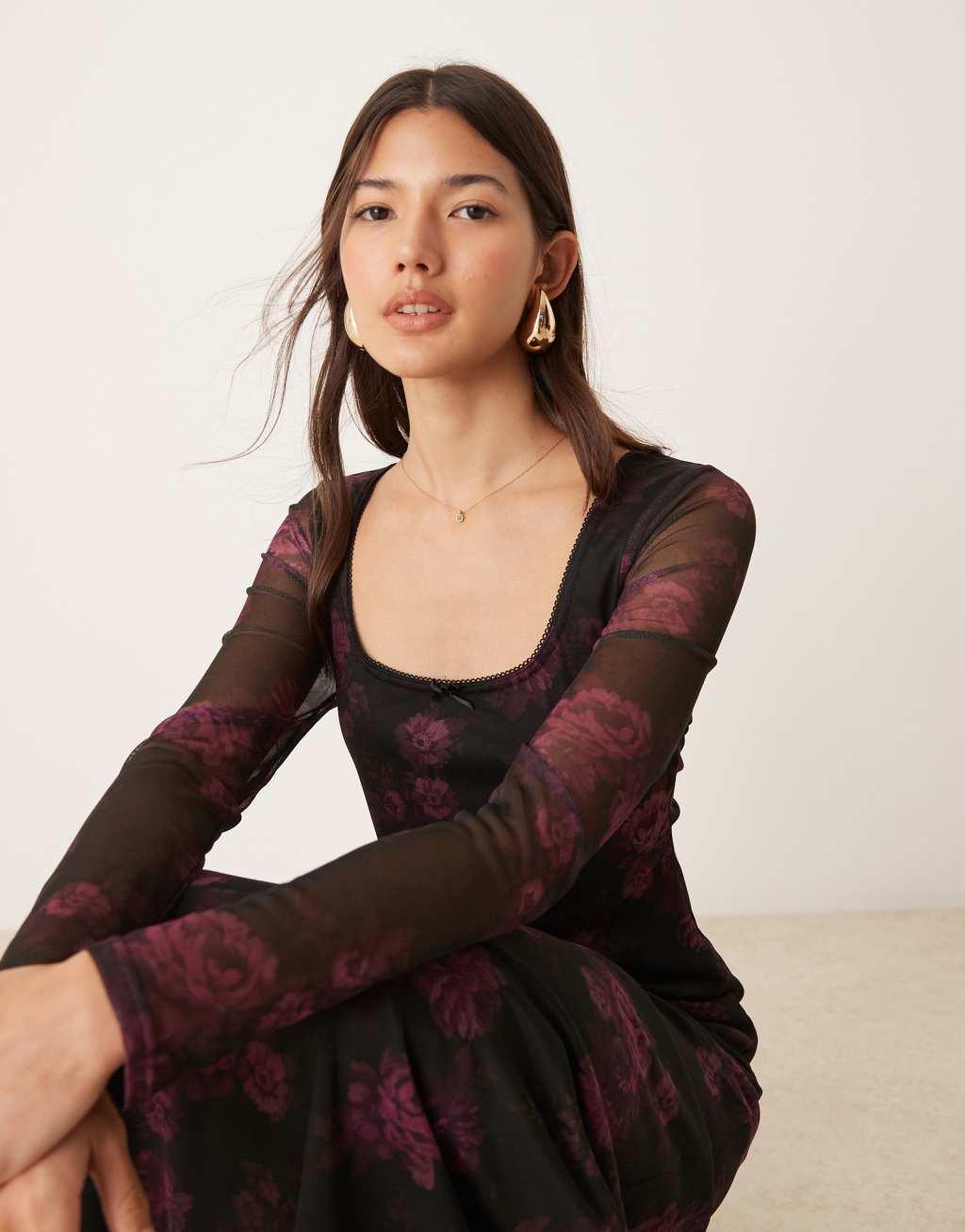 Miss Selfridge floral print long sleeve maxi dress Product Image