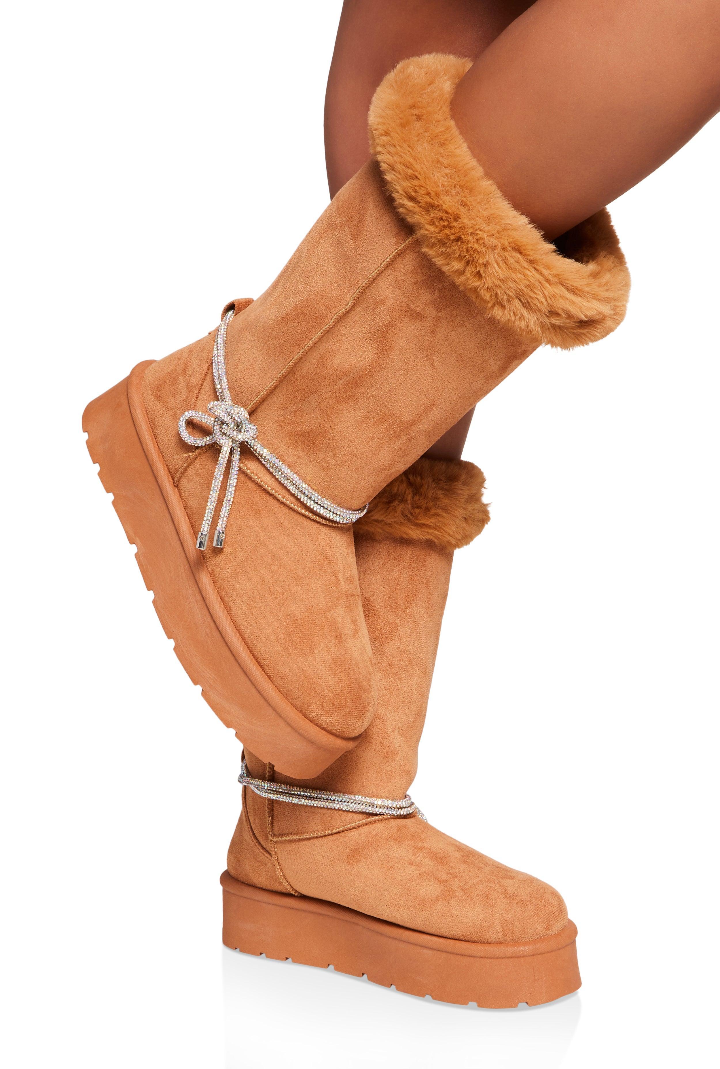 Womens Rhinestone Rope Detail Faux Fur Tall Boots product image