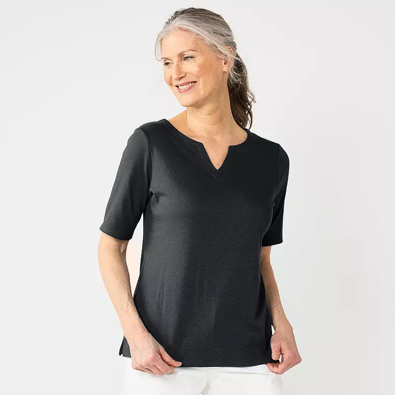 Petite Croft & Barrow Elbow Sleeve Splitneck Top, Womens Product Image