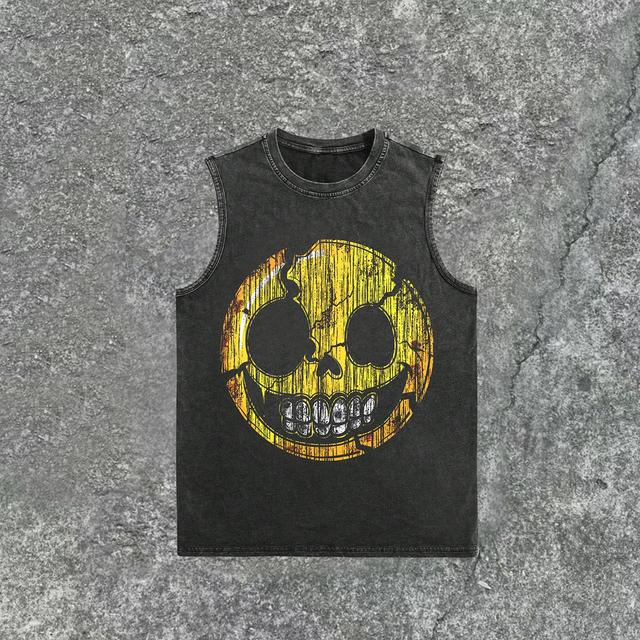 Men's Old - Skull Smiley Face Vintage Wash Sleeveless Tank Top Product Image