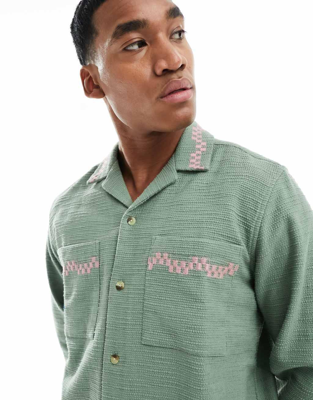 ASOS DESIGN relaxed revere textured shirt with floral embroidery print-Green Product Image