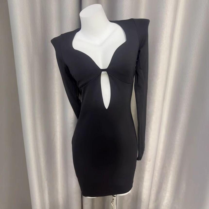 Long-Sleeve Sweetheart-Neckline Plain Cutout Mini Bodycon Dress Product Image