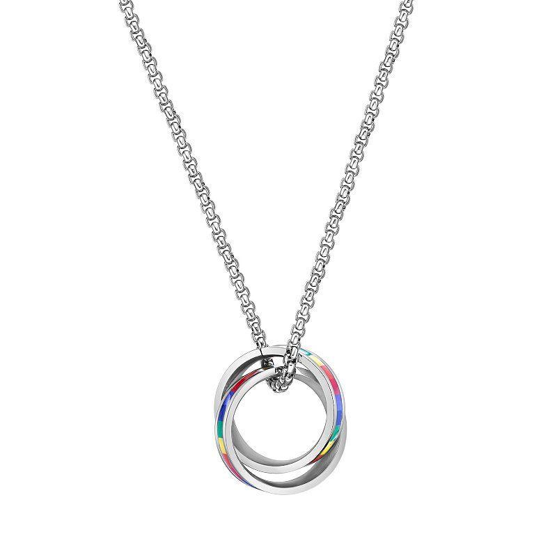 Mens LYNX Stainless Steel Rainbow Double O-Ring Pendant Necklace Product Image