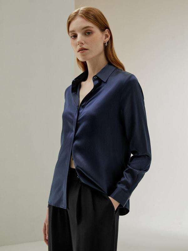 Basic Concealed Placket Silk Shirt Product Image