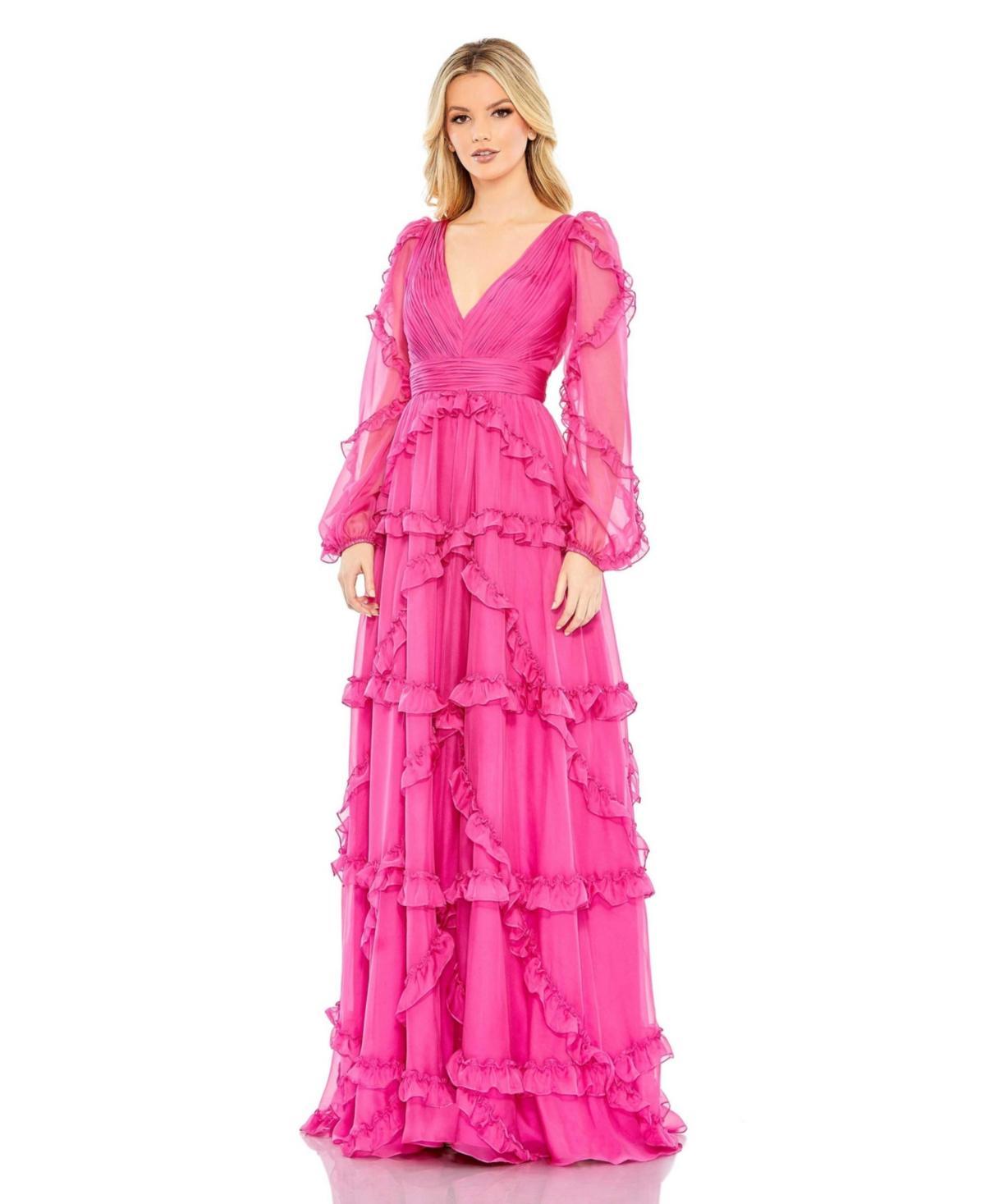 Women's Cascaded Ruffle Puff Sleeve A Line Gown Product Image