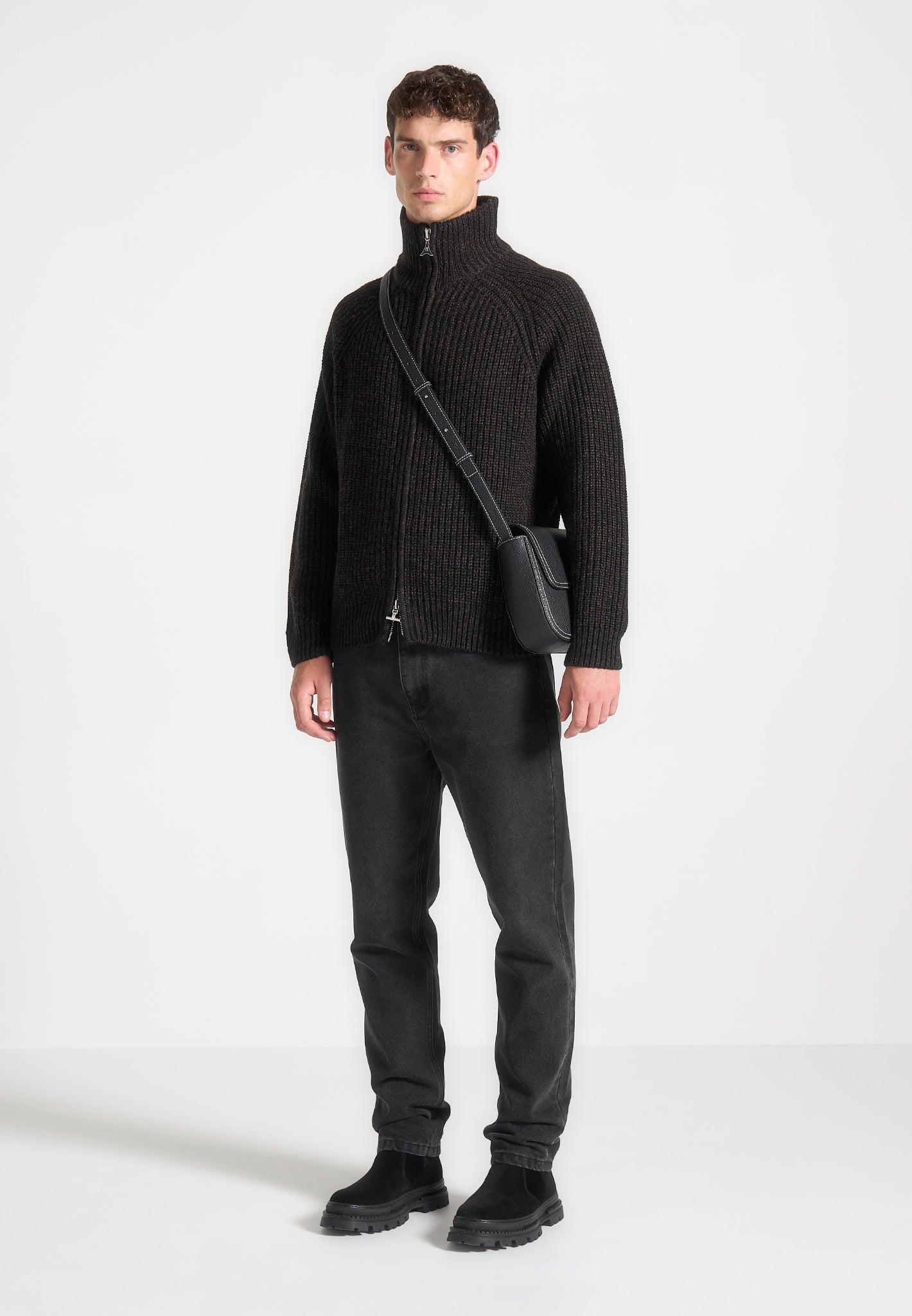 Speckled Wool Zip Up Cardigan - Black Male Product Image