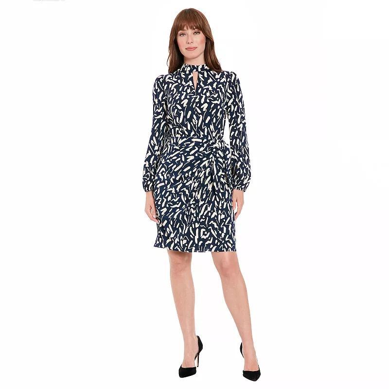 Womens London Times Wrap Skirt Bishop Sleeve Dress Navy Ivory Product Image