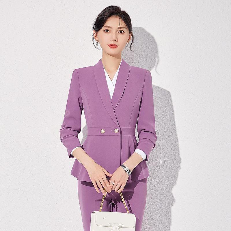 Shawl Lapel Plain Peplum Double Breasted Blazer / High Rise Flared Dress Pants / Set Product Image