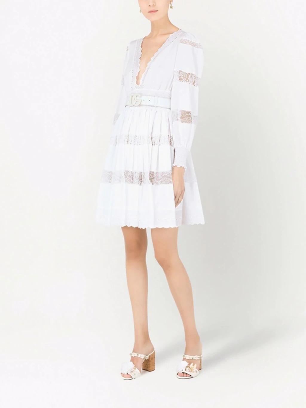 Lace-panel Long-sleeve Dress In White Product Image