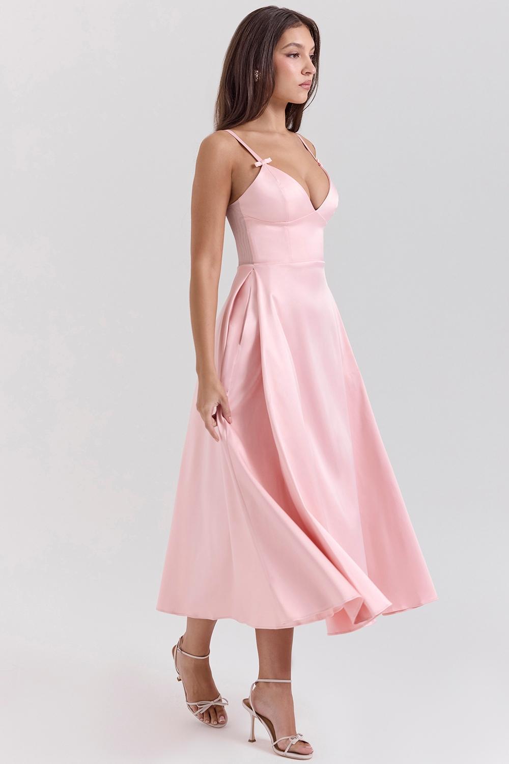 Tiffany Parisian Pink Satin A-Line Midi Dress Product Image