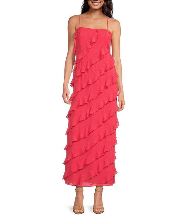 Gianni Bini Taylor Chiffon Straight Neckline Sleeveless Ruffle Long Dress Product Image