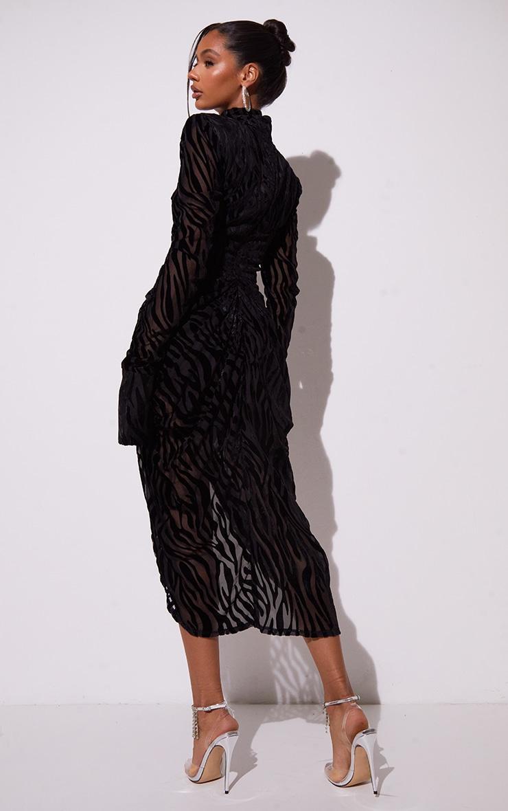 Black Zebra Print Devore High Neck Draped Midi Dress Product Image