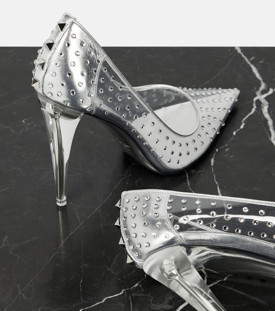 Silver Rockstud Heels In Mtw Trasparente/crys Product Image