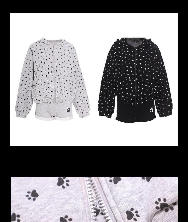 Set: Paw Print Zip Hoodie + High Waist Sweat Shorts Product Image