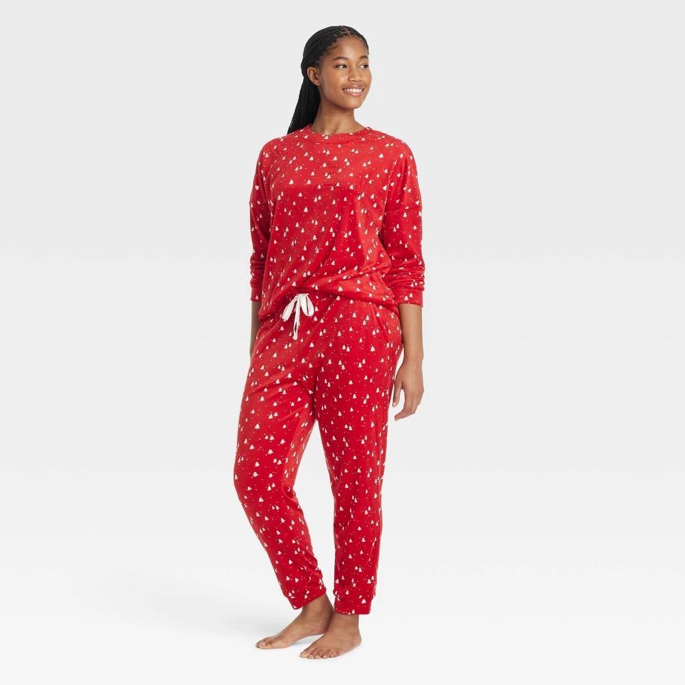 Women's Minky Fleece Pullover Top and Joggers Pajama Set - Auden™ Red/Trees M Product Image