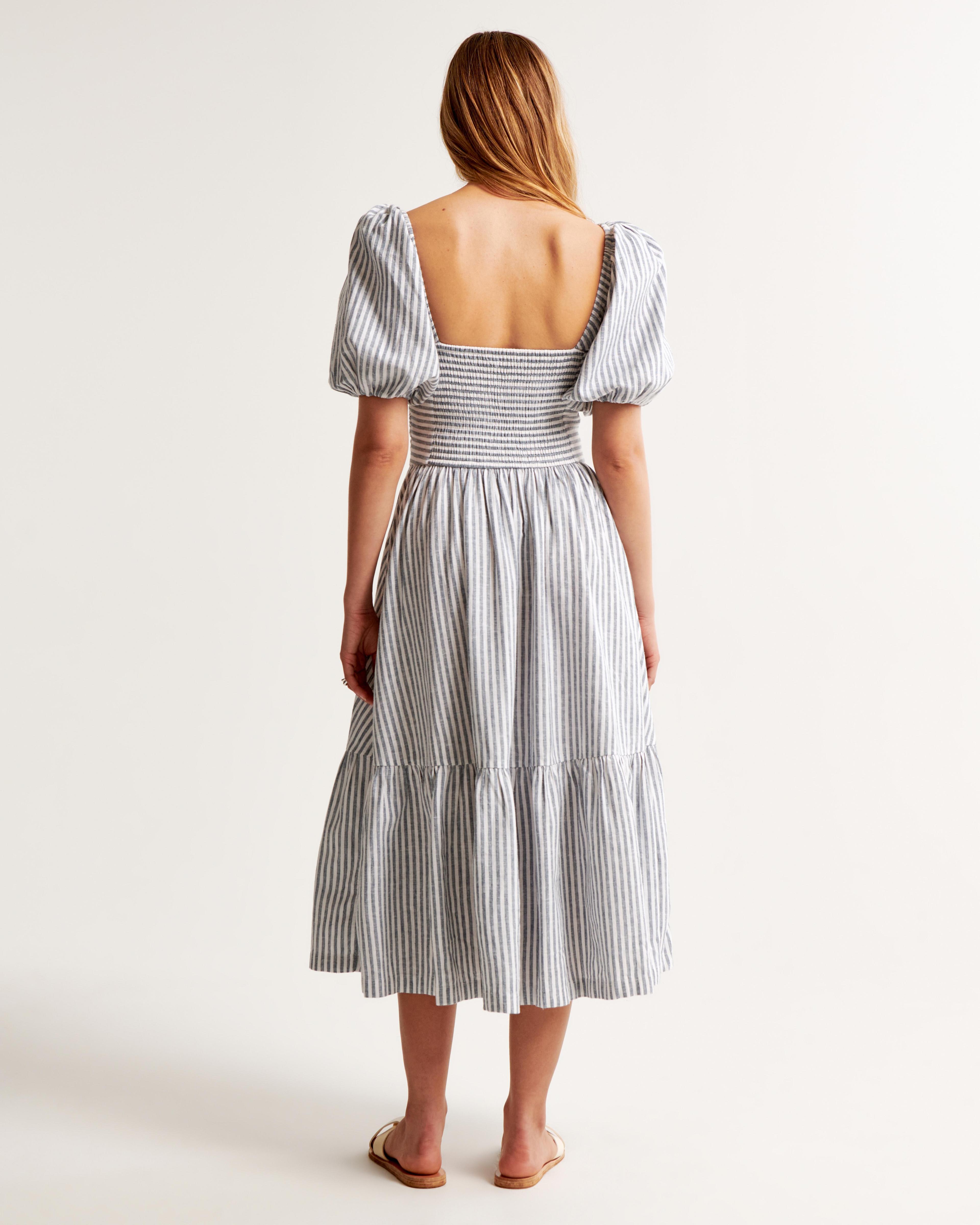 The A&F Emerson Linen-Blend Puff Sleeve Midi Dress Product Image