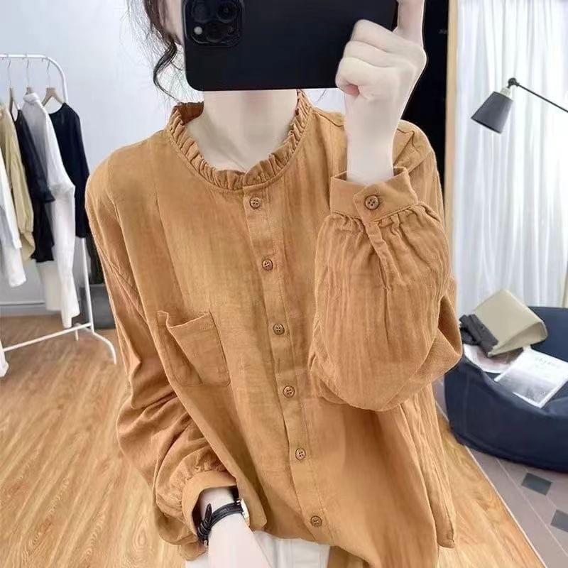 Long-Sleeve Plain Frill Trim Pocket Detail Blouse Product Image