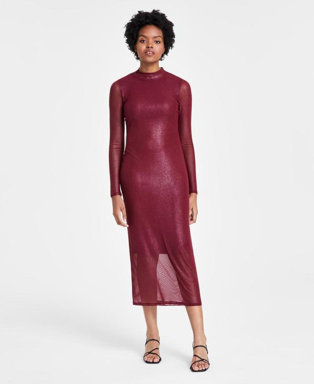 Bar Iii Womens Foil Mesh Mock Neck Bodycon Midi Dress, Created for Macys Product Image